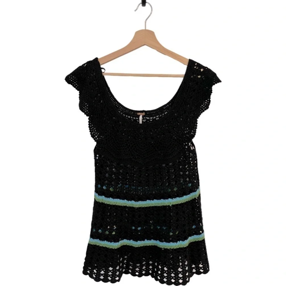 Free People | Crochet Knit‎ Top Small Black Bohemian Cap Sleeve Linen Cotton